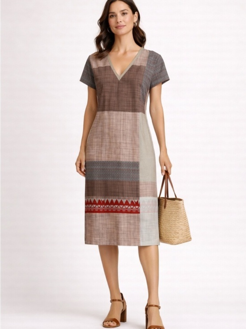 ZARA Boho Patchwork V-Neck Midi Dress Fitted Brown Red Small